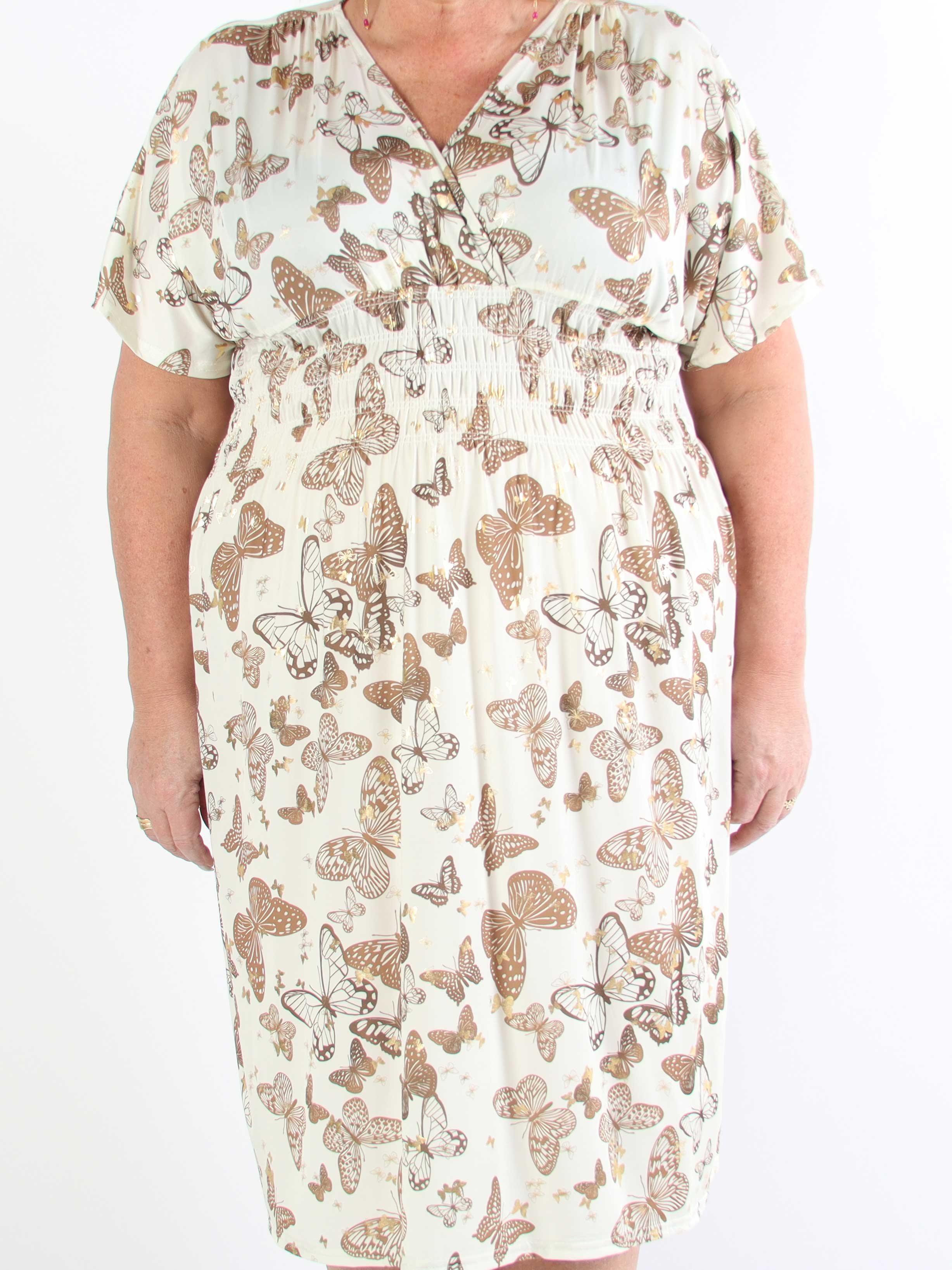 Pams Butterfly Midi S/S - Elastisk plus size kjole med sommerfugleprint